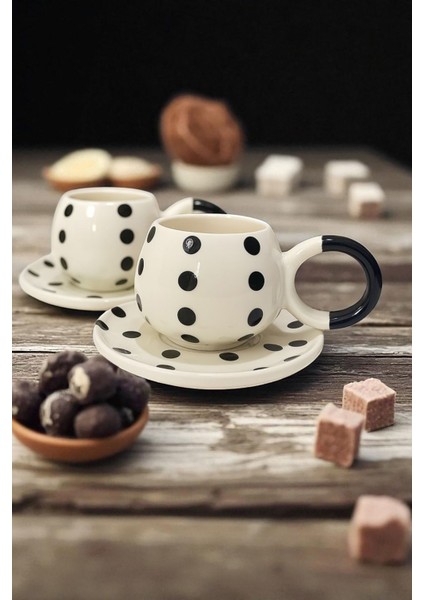 Polka Duble Büyük Boy Seramik Kahve Fincanı Takım 2 Kişilik Krem