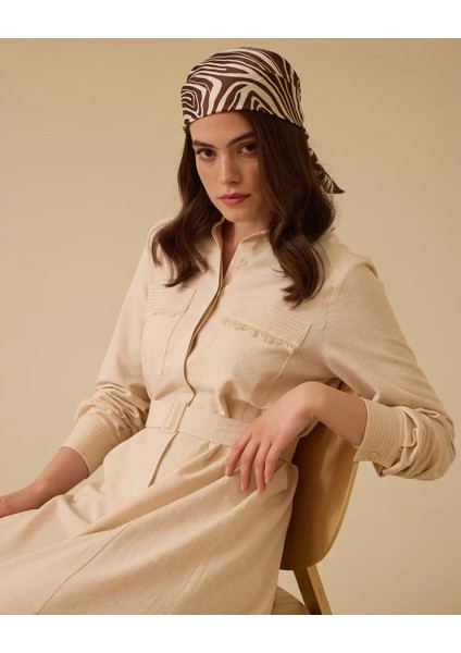 1007 Günlük Tunik Cepleri Püskül Detaylı Beli Kemerli Etek Ucu Püsküllü Keten Günlük Tunik 10002411211007 #06-25#