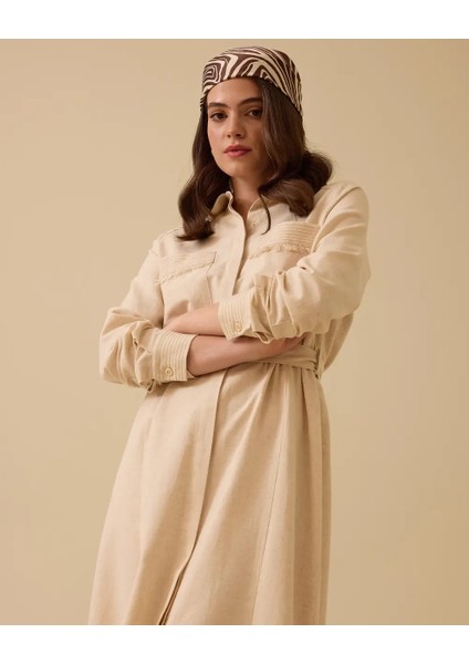 1007 Günlük Tunik Cepleri Püskül Detaylı Beli Kemerli Etek Ucu Püsküllü Keten Günlük Tunik 10002411211007 #06-25# fiyatları