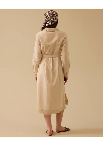 1007 Günlük Tunik Cepleri Püskül Detaylı Beli Kemerli Etek Ucu Püsküllü Keten Günlük Tunik 10002411211007 #06-25# modelleri