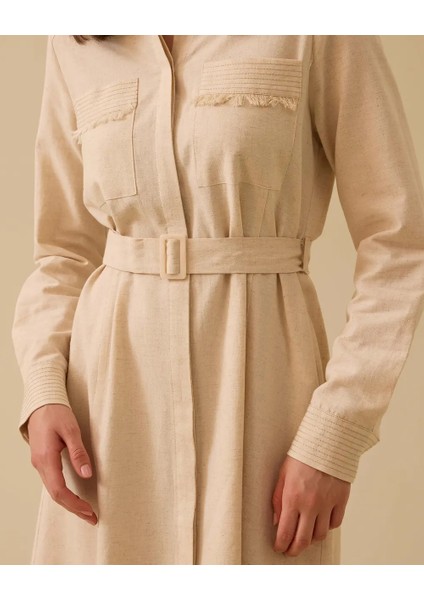 1007 Günlük Tunik Cepleri Püskül Detaylı Beli Kemerli Etek Ucu Püsküllü Keten Günlük Tunik 10002411211007 #06-25# fırsatları