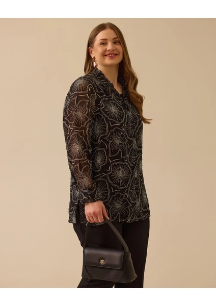 4016 Içi Sıfır Yaka Sıfır Kol Gömleğinin Önü Düğmeli Kolları Manşetli Yakası Güpürlü Tül Görünümlü Şık Gömlek #03-25#