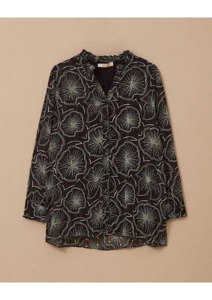 4016 Içi Sıfır Yaka Sıfır Kol Gömleğinin Önü Düğmeli Kolları Manşetli Yakası Güpürlü Tül Görünümlü Şık Gömlek #03-25# fırsatları