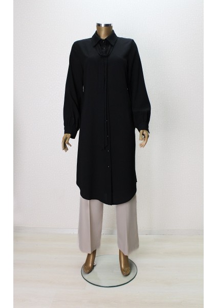 7004 Yakası Fularlı Önü Düğmeli Fular Yaka Tunik Qys Tunik 7004 ##23-03#