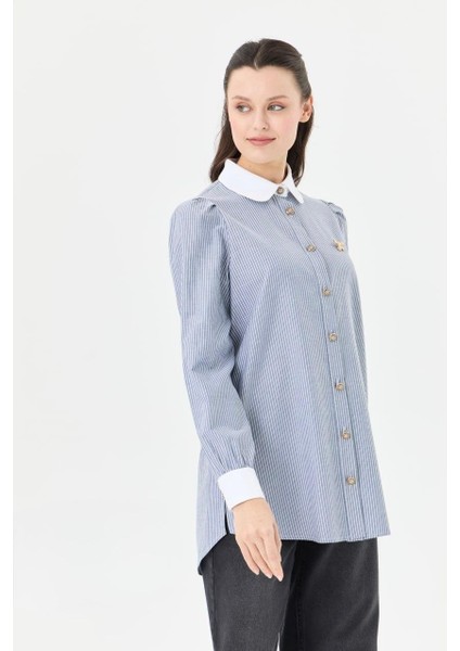 10204 Önü Düğmeli Bebe Yaka Balon Kol Klasik Spor Pamuklu Gömlek #04-25#