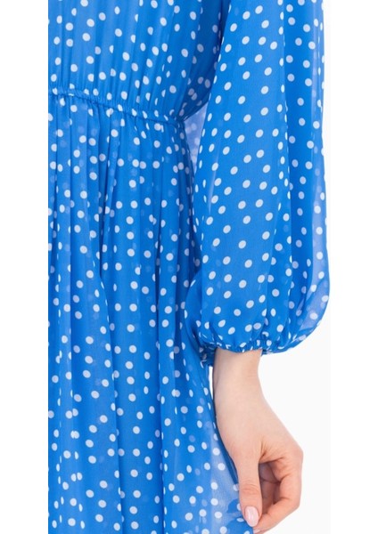 1023 Degaje Yaka Puantiyeli Beli ve Kol Ucu Lastikli Elbise Qys Günlük Elibse 232001023 #23-04#