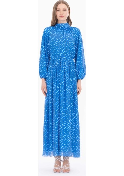 1023 Degaje Yaka Puantiyeli Beli ve Kol Ucu Lastikli Elbise Qys Günlük Elibse 232001023 #23-04# fiyatları