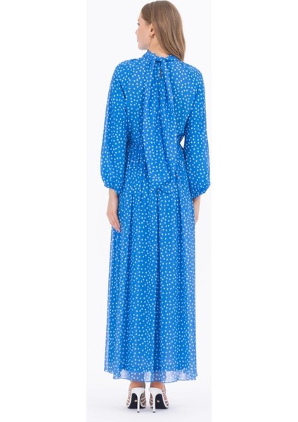 1023 Degaje Yaka Puantiyeli Beli ve Kol Ucu Lastikli Elbise Qys Günlük Elibse 232001023 #23-04# modelleri