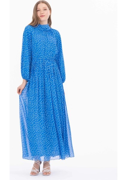 1023 Degaje Yaka Puantiyeli Beli ve Kol Ucu Lastikli Elbise Qys Günlük Elibse 232001023 #23-04# fırsatları