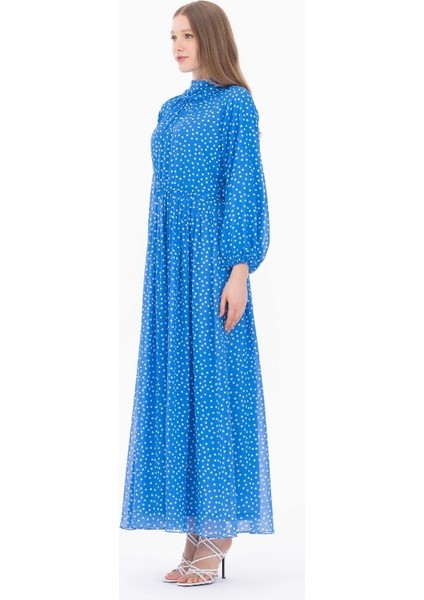 1023 Degaje Yaka Puantiyeli Beli ve Kol Ucu Lastikli Elbise Qys Günlük Elibse 232001023 #23-04# indirimleri