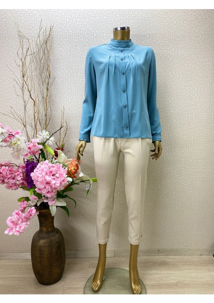 Qys 1021 Önü Düğmeli Pileli Gömlek #22-05#