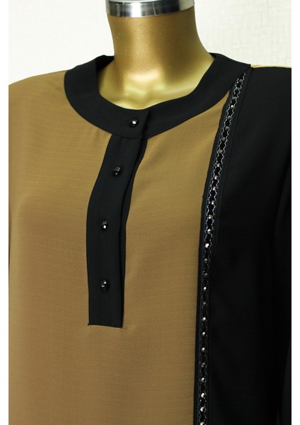 61131 Önden Yarım Düğmei 2 Renkli Önü ve Kol Ucu Taş Detaylı Rahat Kesim Tunik Qys Tunik 61131 #23-06# modelleri