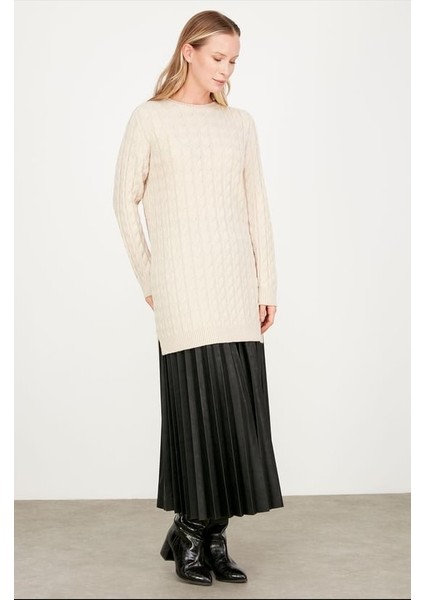 21474 Saç Örgü Detaylı Basic Triko Tunik Qks Tunik 21474 #23-123