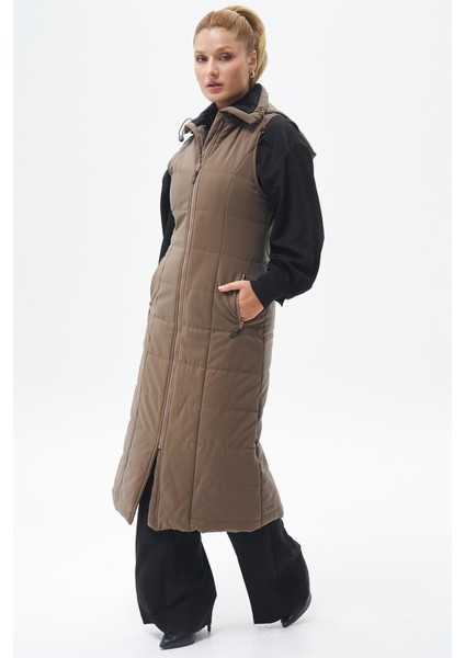 50005 Önü Fermuarlı Kapüşonlu Tül Detaylı Cebi Feermualrlı Klasik Yelek Qks Yelek #24-05#