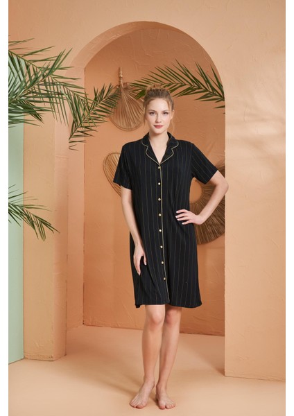 Kadın Gold Detaylı Çizgili Boydan Düğmeli Kısa Kol Elbise