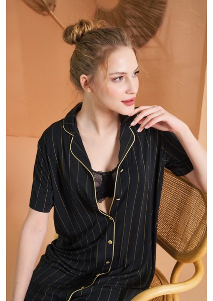 Kadın Gold Detaylı Çizgili Boydan Düğmeli Kısa Kol Elbise fiyatları