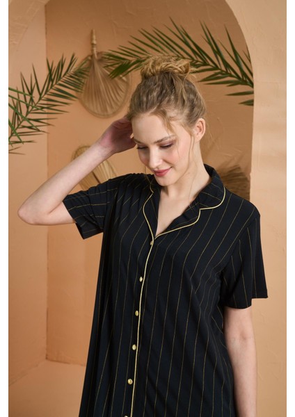 Kadın Gold Detaylı Çizgili Boydan Düğmeli Kısa Kol Elbise indirimleri