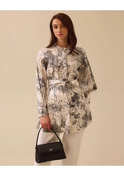 1015 Önden Gizli Düğmeli Beli Bağlamalı Desenli Jakar Kumaş Şık Gömlek 10002511511015 #06-25#