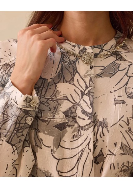 1015 Önden Gizli Düğmeli Beli Bağlamalı Desenli Jakar Kumaş Şık Gömlek 10002511511015 #06-25# modelleri