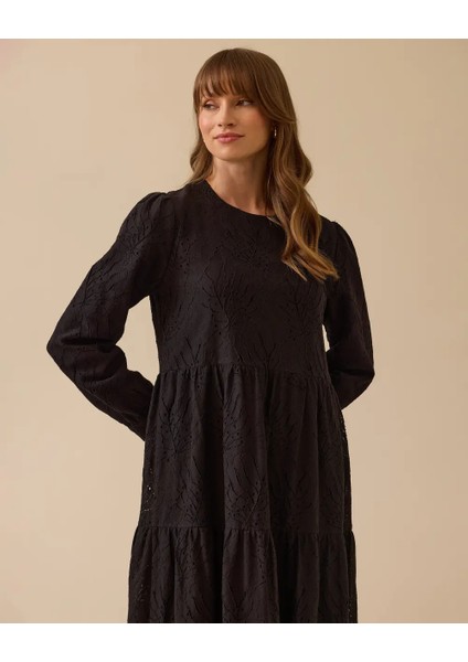 1027 Güpürlü Sıfır Yaka Içi Astarlı Keten Elbise 10002511311027 #06-25#