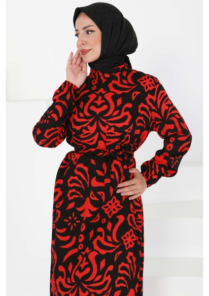 Kuşaklı Desenli Elbise Kirmizi - 27394