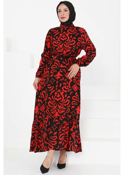 Kuşaklı Desenli Elbise Kirmizi - 27394 fiyatları