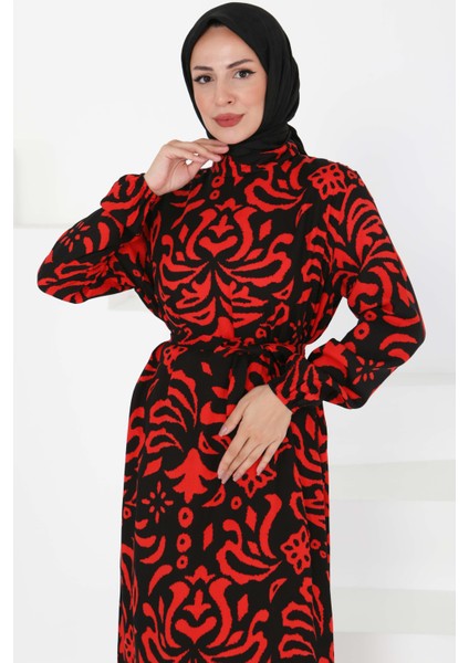 Kuşaklı Desenli Elbise Kirmizi - 27394 modelleri