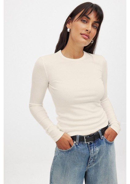 Kadın Ekru Uzun Kollu Bisiklet Yaka T-Shirt Bluz Kaşkorse Fitilli