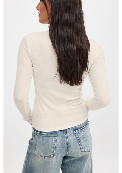 Kadın Ekru Uzun Kollu Bisiklet Yaka T-Shirt Bluz Kaşkorse Fitilli fiyatları