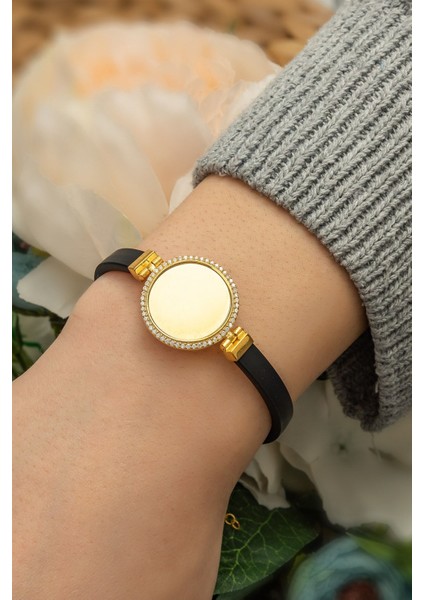 Deri Kordonlu Zirkon Halka Bileklik Altın Kaplama 925 Ayar Gümüş