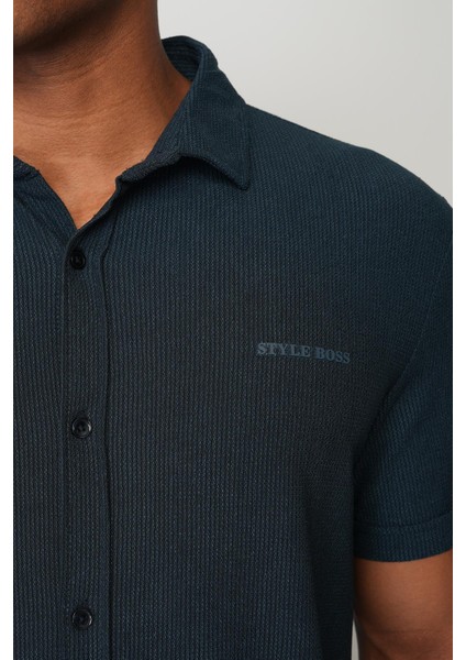 Navy Blue Regular Fit Kısa Kol Erkek Gömlek E1004 modelleri