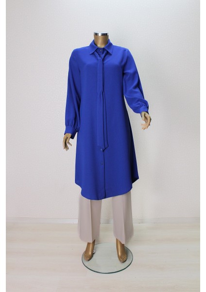 7004 Yakası Fularlı Önü Düğmeli Fular Yaka Tunik Qys Tunik 7004 ##23-03#