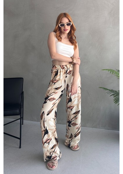 Çiçek Desenli Bol Pantolon Bej - 27237 fiyatları
