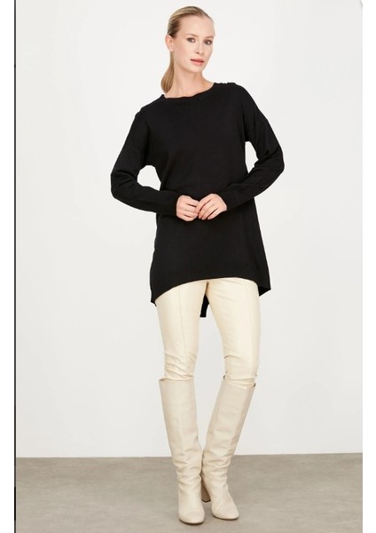 21494 Arkası Yırtmaçlı Detaylı Triko Tunik Qks Tunik #23-113