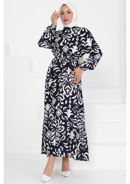 Kuşaklı Desenli Elbise Lacivert - 27394 modelleri