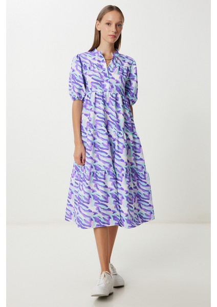 Desenli Volanlı Yazlık Dokuma Elbise LFG0077 Mor Yeşil