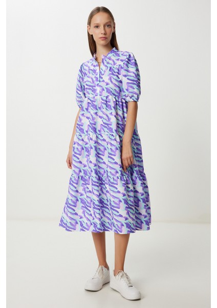 Desenli Volanlı Yazlık Dokuma Elbise LFG0077 Mor Yeşil fiyatları