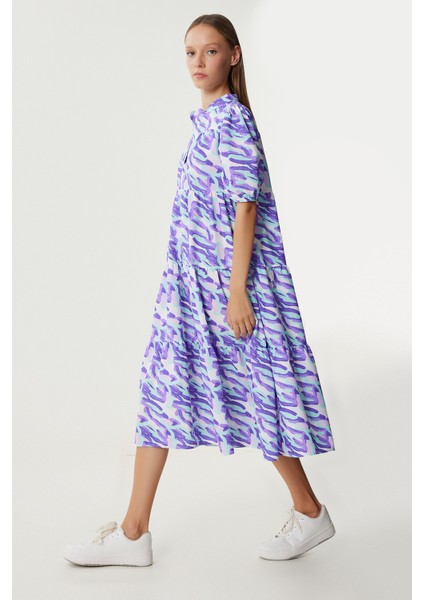 Desenli Volanlı Yazlık Dokuma Elbise LFG0077 Mor Yeşil modelleri