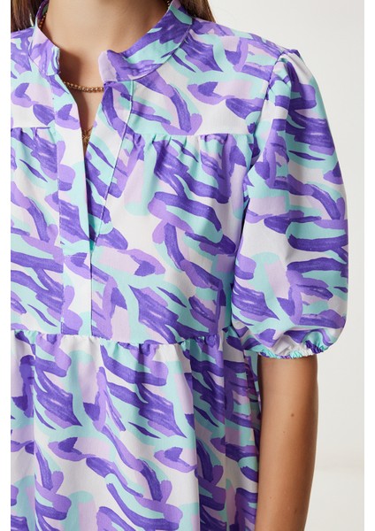 Desenli Volanlı Yazlık Dokuma Elbise LFG0077 Mor Yeşil fırsatları