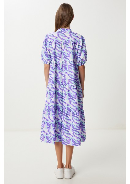 Desenli Volanlı Yazlık Dokuma Elbise LFG0077 Mor Yeşil indirimleri