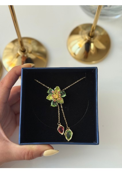 Çelik Yeşil Çiçekli Y Kolye