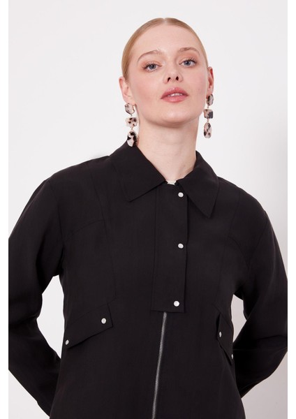 100767 Önü Fermuarlı Yarıya Kadar Çıtçıt Detaylı Gömlek Yaka Kolları Manşetli Eteğin Beli Lastikli Etekli Takım fiyatları