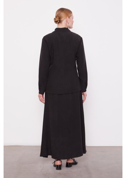 100767 Önü Fermuarlı Yarıya Kadar Çıtçıt Detaylı Gömlek Yaka Kolları Manşetli Eteğin Beli Lastikli Etekli Takım fırsatları