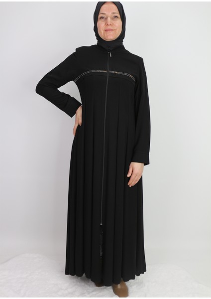 9202 Önü Fermuarlı ve Taş Işlemeli Mevlana Modal Hakim Yaka Ferace Qys Ferace 9202 #23-02#