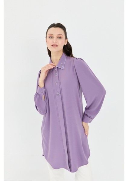 61092 Yakası ve Ön Kısmı Nakış Detaylı Gizli Düğmeli Kol Ucu Manşetli Spor Şık Tunik #05-25#