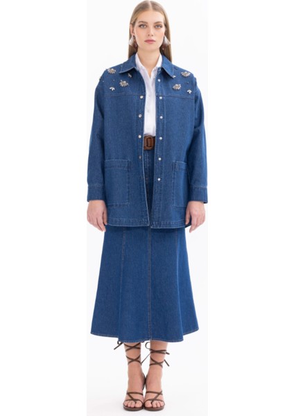 1001 Jean Ceket Önü Taş Detaylı Çıt Çıt Kapamalı Cepli Jean Ceket Qys Jean Ceketn 11242107501001 #24-05# modelleri