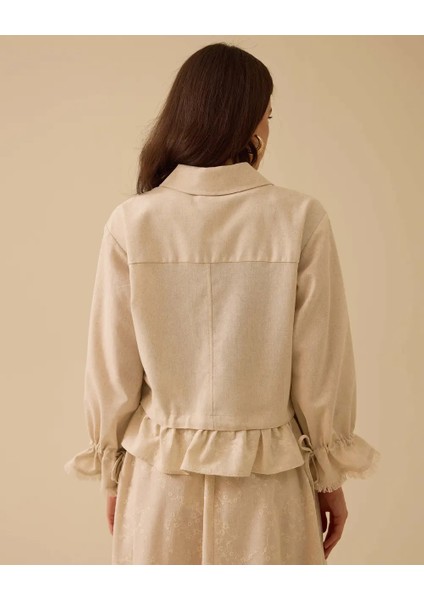 1019 Önü Fermuarlı Kol Ucu ve Beli Ip Detaylı Önü Cepli Uç Kısmı Fırfır Detaylı Keten Ceket 10002511111019 #06-25# fiyatları