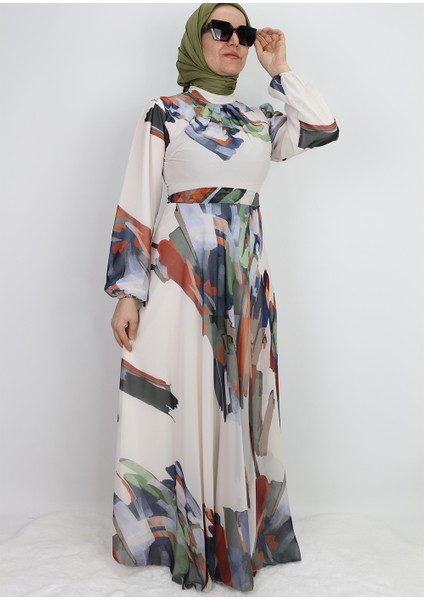 330190 Elbise Desenli Kuşaklı Kol Ucu Lastikli Şifon Elibse Qys Elbise #24-073
