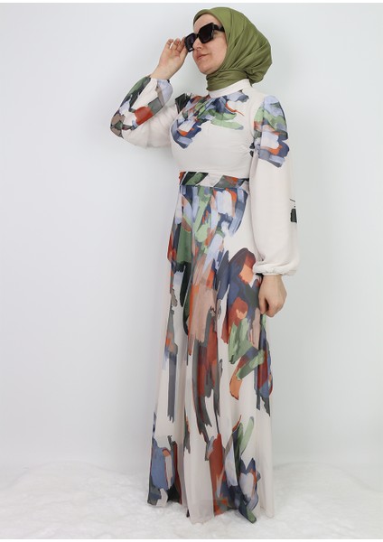 330190 Elbise Desenli Kuşaklı Kol Ucu Lastikli Şifon Elibse Qys Elbise #24-073 fiyatları