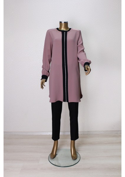 61106 Önü ve Kol Uçları Taş Detaylı Rahat Kesim Tunik Qys Tunik 61106 #23-063